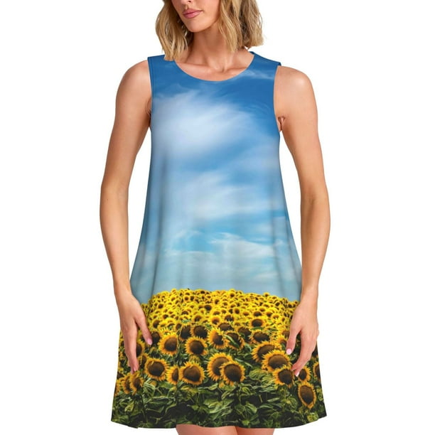 Fotbe Blooming Sunflower Field Vestido de Verano sin Mangas para Mujer – Vestido Midi Línea A, Estilo Camiseta Floral, Vestido Playero Casual y Fluido