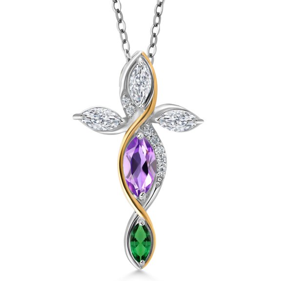 Cross Necklace for Women in 925 Silver and 10K Yellow Gold with Amethyst and Lab Grown Diamond and Nano Emerald | 1.23 Cttw | Jesus Christian Religious Crucifix | Marquise 8X4MM | With 18 inch Chain