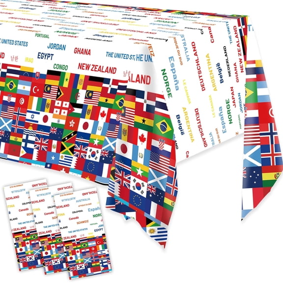 Wowhub Plastic World Flags Tablecloth, Disposable World Flags Tablecloth, Waterproof Rectangle Birthday Party Table Cover for Birthdays Party Decorations, 54 * 108 inch (Pack of 3)