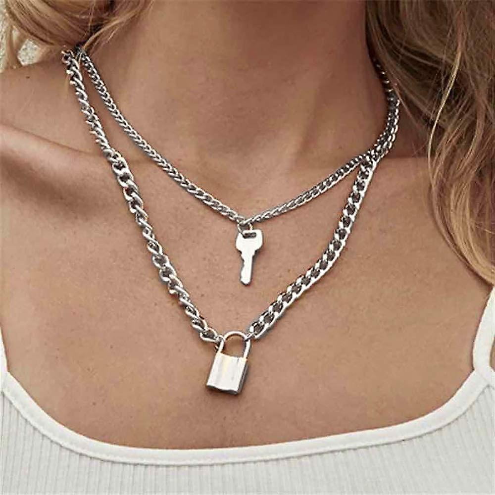 Lock Key Pendants Chains Necklace Set for Eboy Egirl Men Male Emo Goth Women Teen Girls Boys Jewelry Pack for Pants Punk Play Butterfly chain lock Walmart