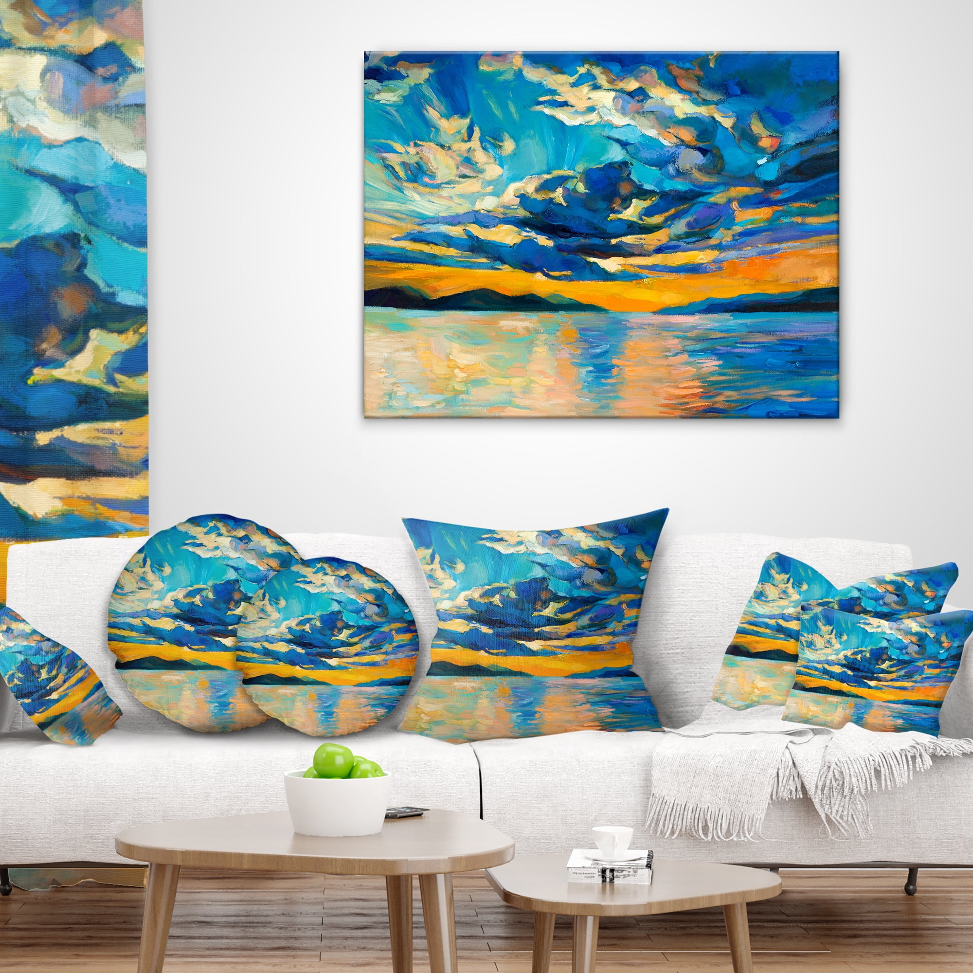 Designart Orange Sunset with Blue Sky - Modern Painting Throw Pillow - 18x18
