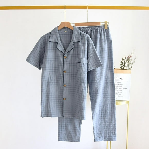 RKSTN Mens Pajamas Set Short Sleeve Cotton Pajamas Sets Solid Color Lapel Collar Short Sleeve And Pants Sleepwear Summer Fall Lightweight 2 Piece Comfy Sleepwear