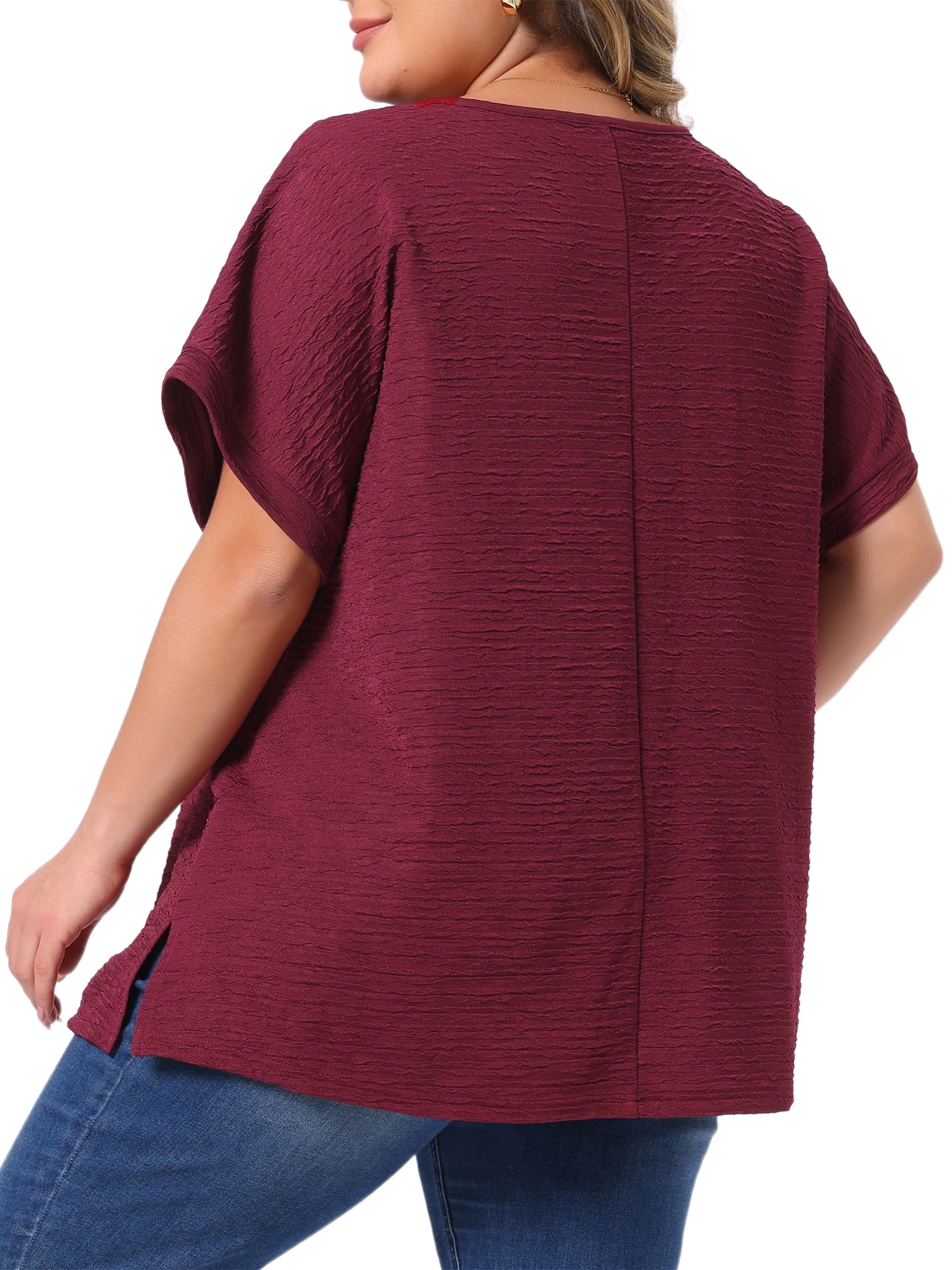 DARING DIVA Women's Plus V Neck Short Sleeve Textured Tops 3X Burgundy