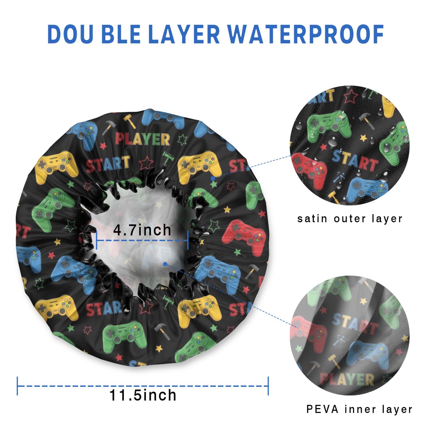 Shower Caps,Multicolor Controllers Games Text Black Pattern Waterproof Shower Cap for Women 4 Pieces,Double Reusable Hair Cover for Shower PEVA Elastic Stretch Hem