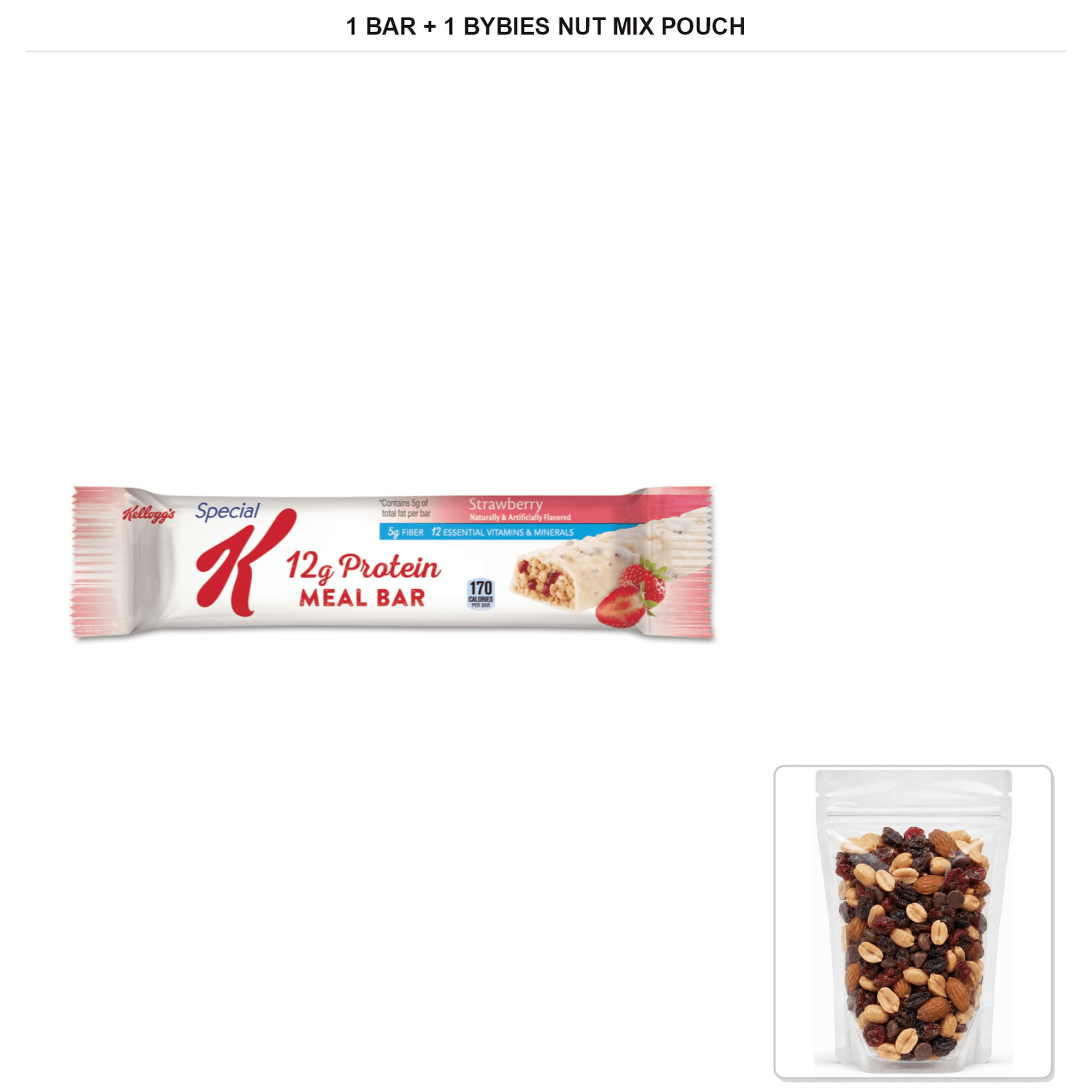 Kellogg's Special K Strawberry Protein Bar, 1 Bar x 1.59 oz + 1x Bybies Nut Mix Pouch, 2 oz