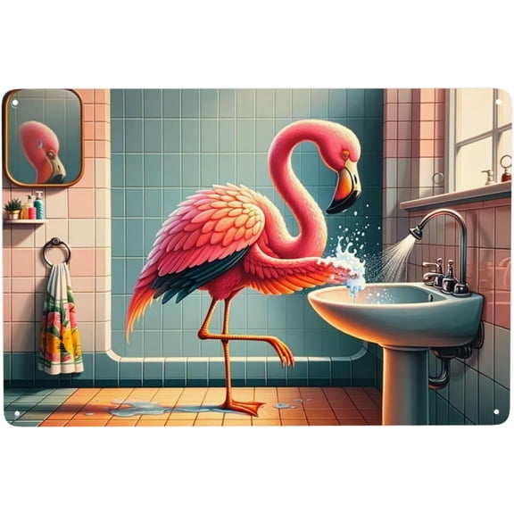Vintage Flamingo Bathroom Metal Tin Sign, Quirky Wall Art Home Decor Plaque for Coastal Beach House, Bar, Pub, Kitchen, Living Room, 12 x 8 Inch