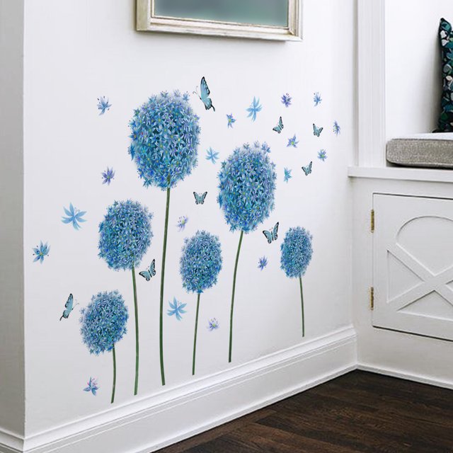 Un conjunto de pegatinas de pared de dientes de león azules Pegatinas de pared de mariposas para salas de estar Dormitorios Oficinas Decoración de pared JAMW Sencillez
