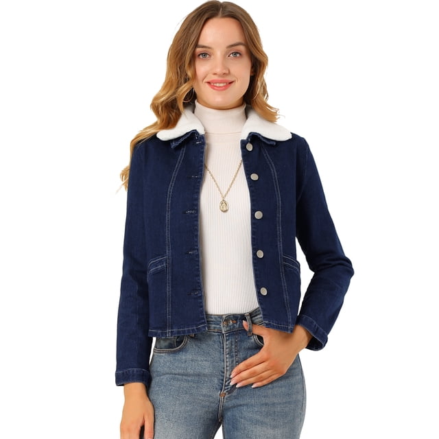 INSPIRE CHIC Chaqueta vaquera de mezclilla elástica de manga larga con botones y cuello sherpa para mujer Azul oscuro S