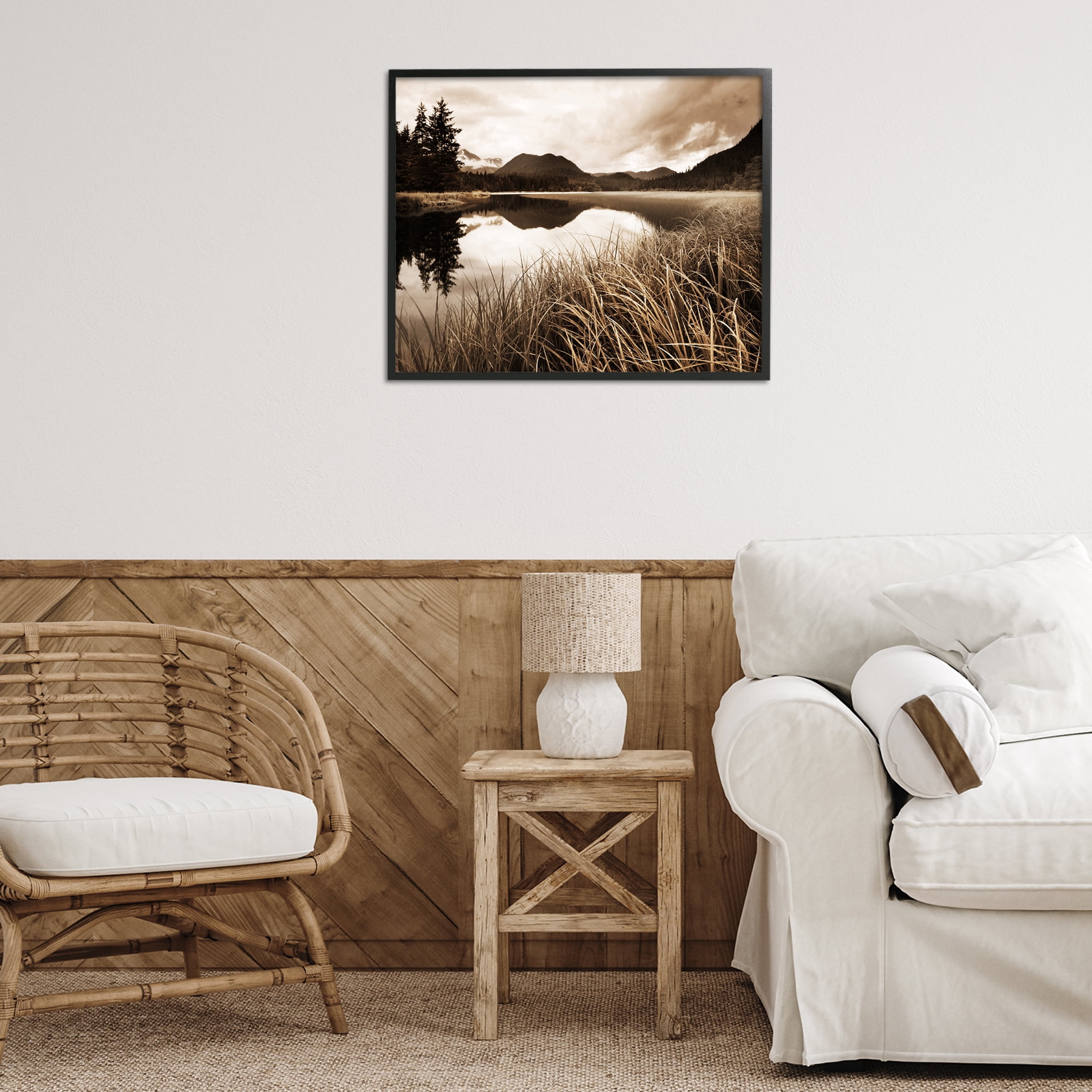 Stupell Industries Sepia Lake Reflection Landscape Photography Black Framed Art Print Wall Art, 30 x 24