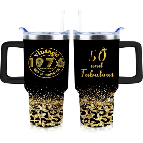 50th Birthday Gifts for Women 20 oz Tumbler with Handle and Straw Lid Leak Proof - Vintage 1976 Cup 50 Years Old Fabulous Gifts for Women Insulated Tumblers Travel Coffee Mug