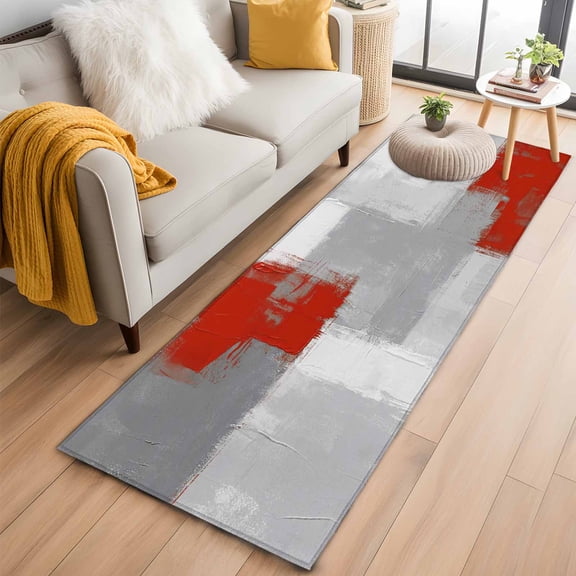 2'x6' Rug Runners for Hallways Kitchen, Red Grey Non Slip Entryway Beside Floor Carpet Runner, Abstract Geometric Color Block Oil Painting Washable Laundry Room Bedroom Throw Rugs Mat for Family Pet