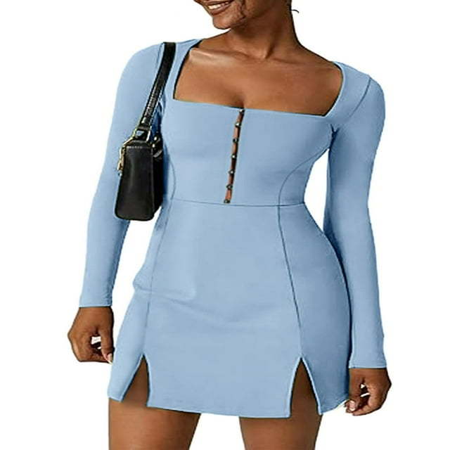 U Neck Long Sleeve Party Dress with Split Hem for Women