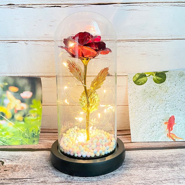 Cubierta de vidrio Simulación de flor de lámina de oro Rosa Luz LED Flor eterna Regalo del día de San Valentín Día de la madre Adornos creativos