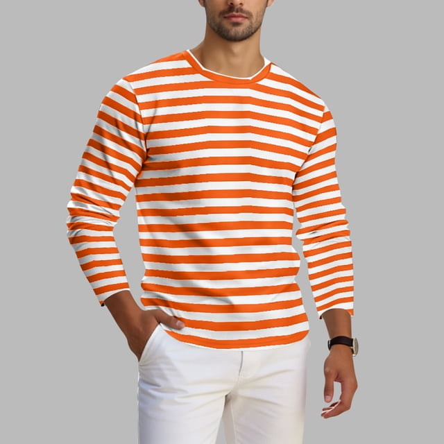 Ceisia Men's Spring Fall Casual Regular Fit Crew Neck Long Sleeve T-Shirt Multi-Color Striped Cotton-Like Jersey Stretch Fabric Orange L Gifts