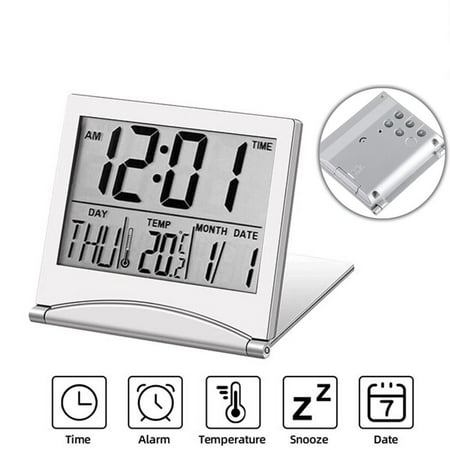 Digital Travel Alarm Clock with Temperature, Foldable Compact LCD Desk Clock with Timer, Large Display for Home, Office, Travel