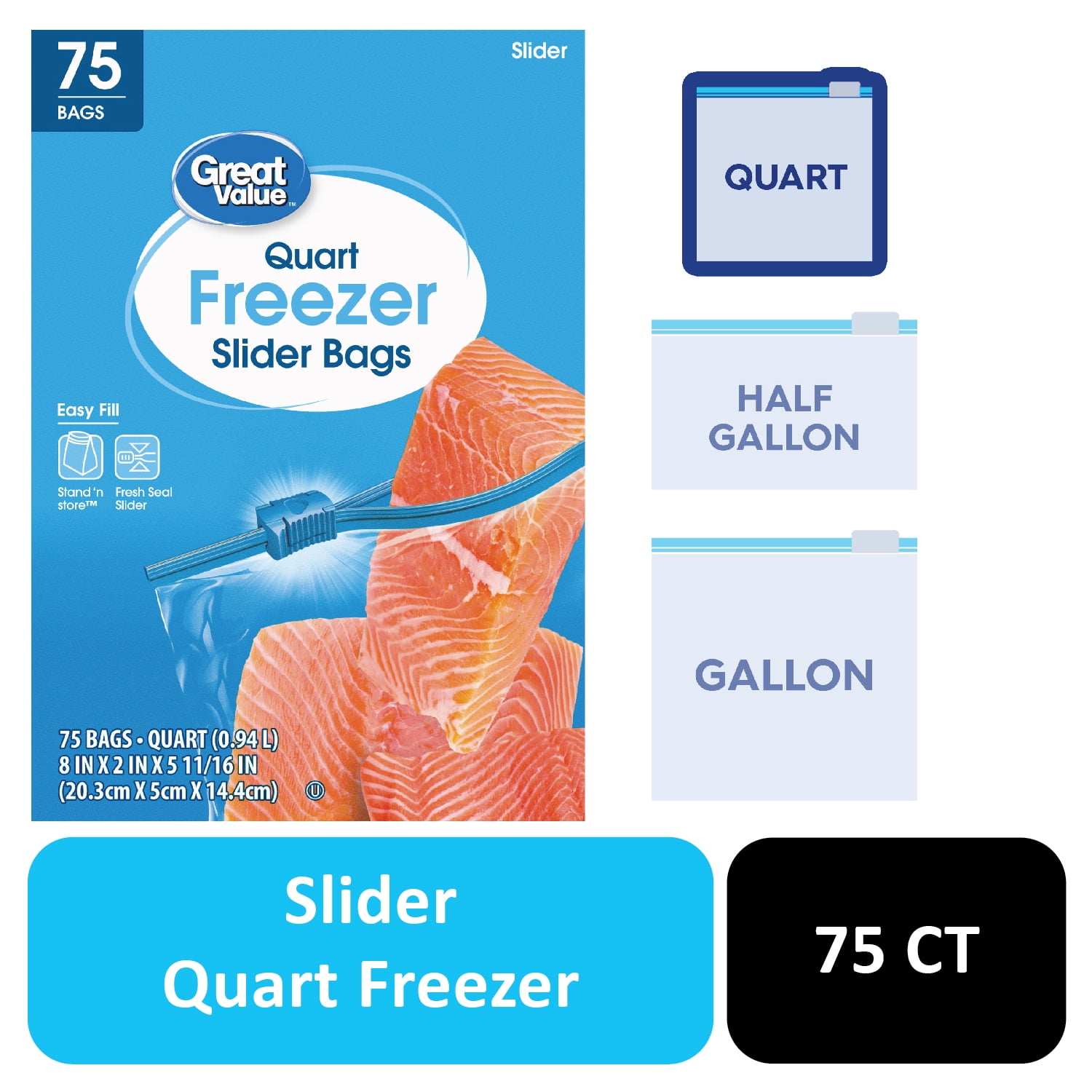 Great Value Freezer Guard Slider Zipper Bags, Quart Size, 75 Count