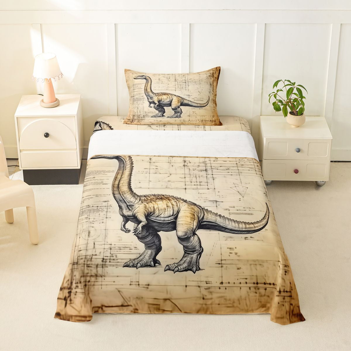 Homewish Rustic Sketch Dino Twin Sheets Jungle Wildlife Bedding Brown 3pcs 1 Fitted Sheet and 1 Pillowcase