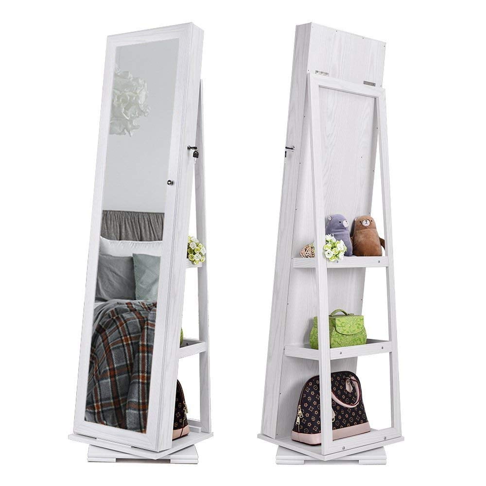 Woven Paths Adult Modern 360 Degree Rotatable Jewelry Armoire with Free-Standing Mirror, White