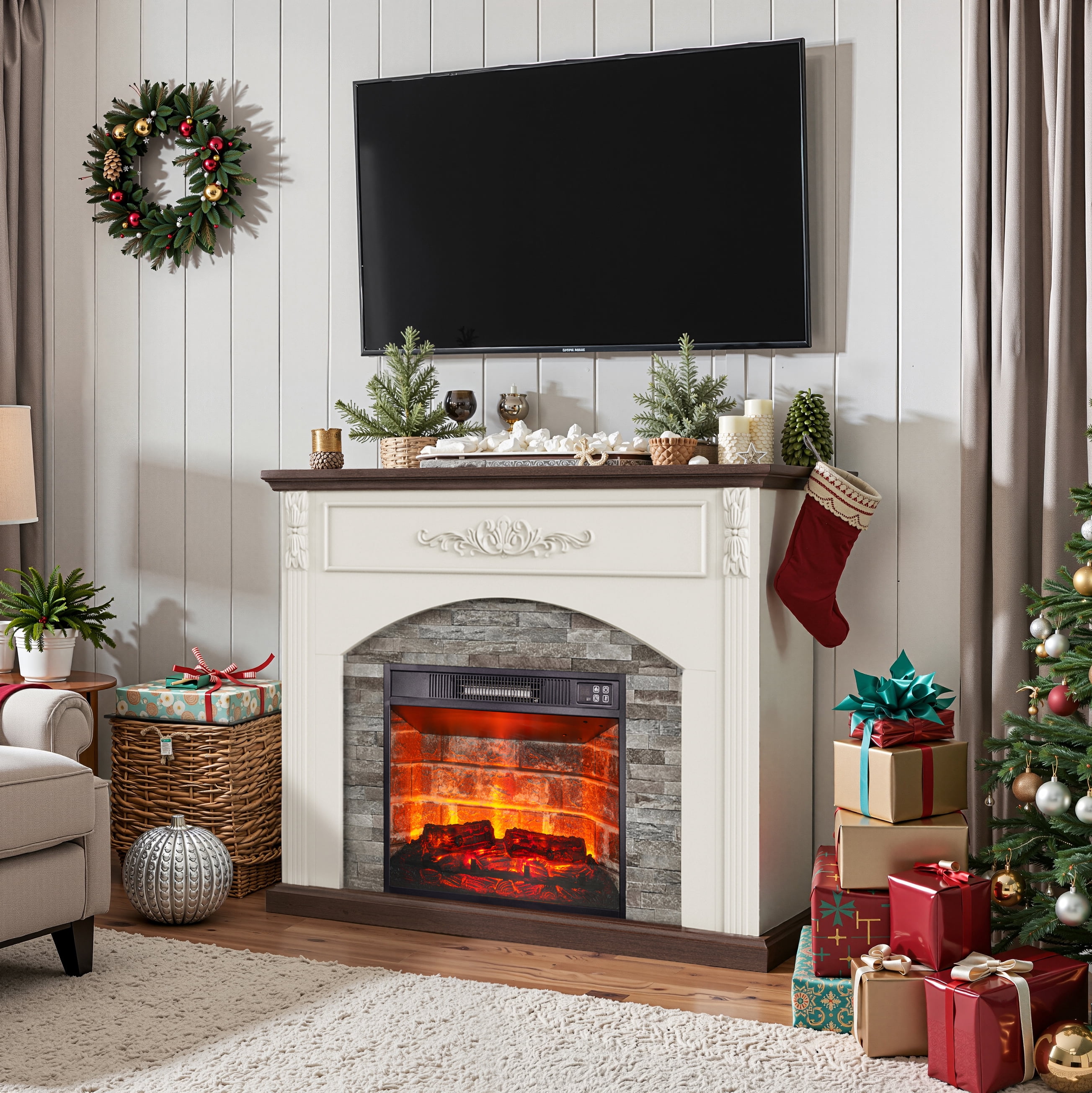 BOSHIRO 44" White Electric Fireplace Mantel with 23" Brick Insert, LED Flame & Heater, Corner TV Stand for Living Room or Bedroom