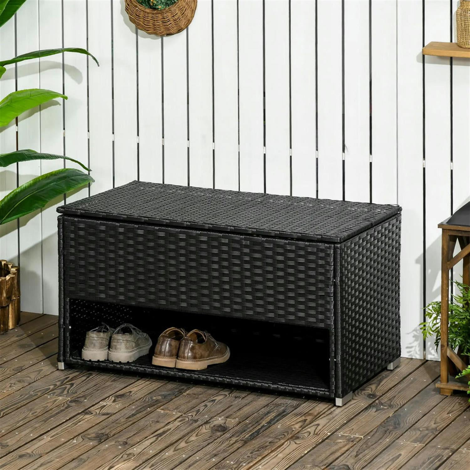Demi Bonn 37" Outdoor Storage Box & Shoe Rack, PE Rattan Wicker Towel Holder with Liner for Indoor Outdoor Patio Furniture, Poolside, Garden Tool Organization, Black