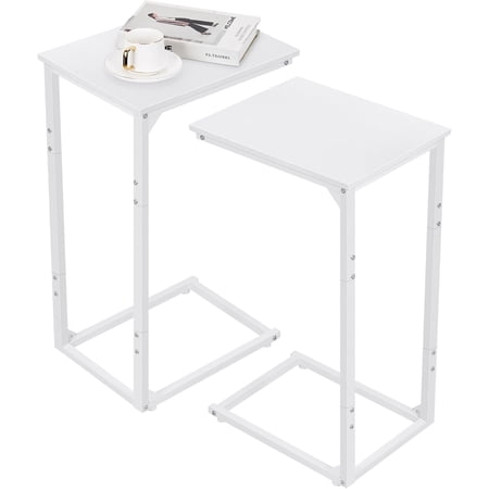 Nandae C Shaped End Table Set of 2, Rustic Tray Side Table Bedside Table with Metal Frame for Laptop, Snack, Sofa Couch, Bed Living Room Bedroom, White