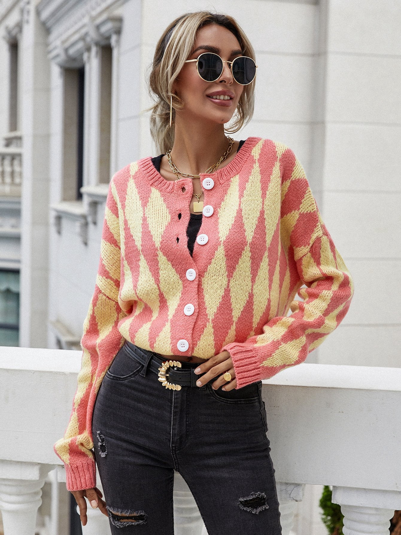 argyle print cardigan