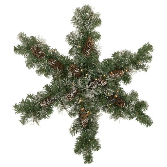 Northlight Pre-Lit Battery Operated Frosted Mixed Pine Christmas Snowflake Wreath - 32" - Warm White