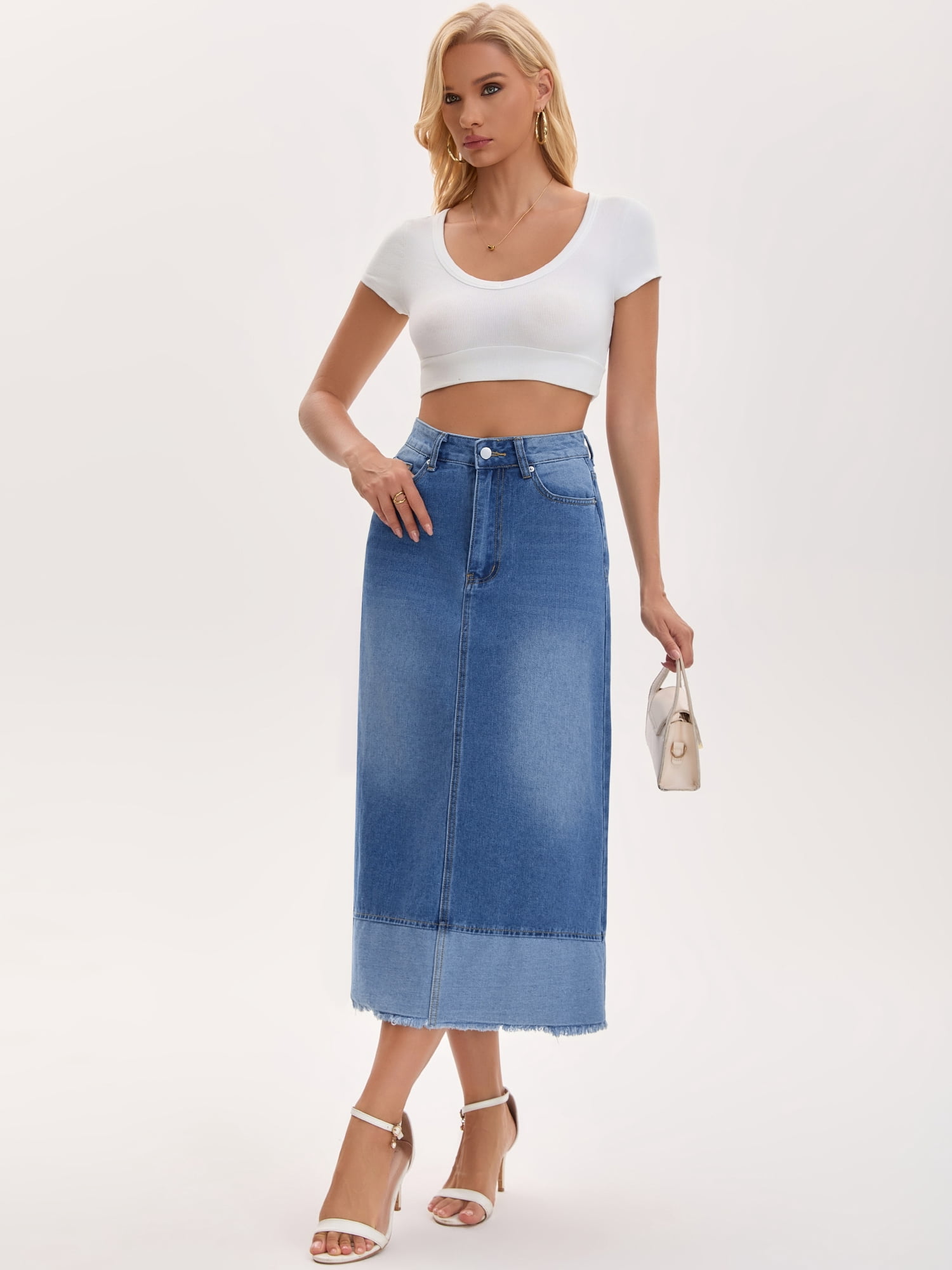 DARING DIVA Women's Denim Maxi Contrast Panel A Line Long Jean Skirts X-Large Blue