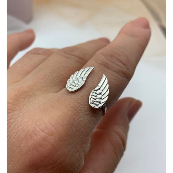 SS DESIGNS Silver Plated Angel Wing Ring, Adjustable Chunky Band, Boho Statement Fashion Jewelry for Women, Everyday Accessory