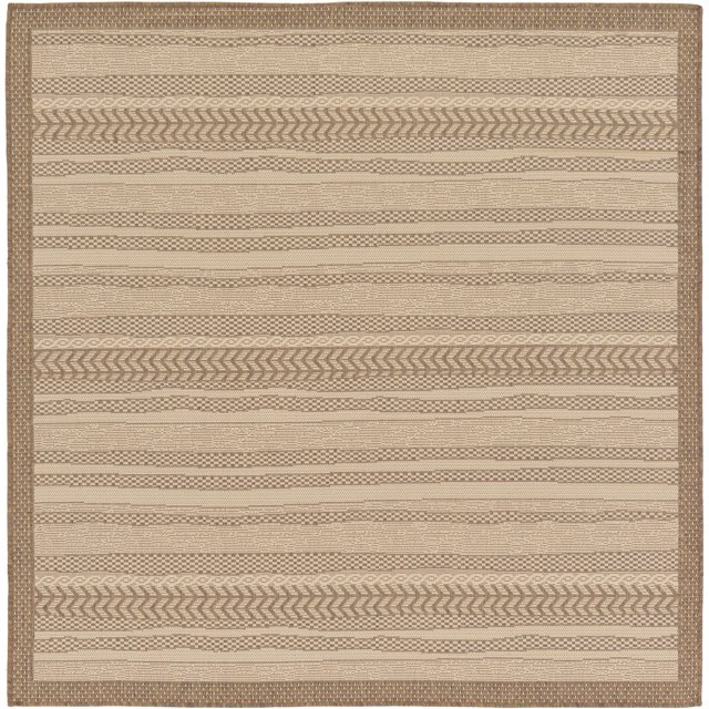 Unique Loom Collection Bordure Extérieure Tapis Marocain Intérieur & Extérieur Décontracté à Rayures, 6 Pi x 6 Pi, Marron/beige