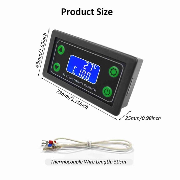Xirurus WiFi Remote Digital Thermostat Temperature Controller with K Type Thermocouple -99 to 999 Degrees Celsius Black (3.11 x 1.69 x 1.45 inches / 79 x 43 x 37 mm)