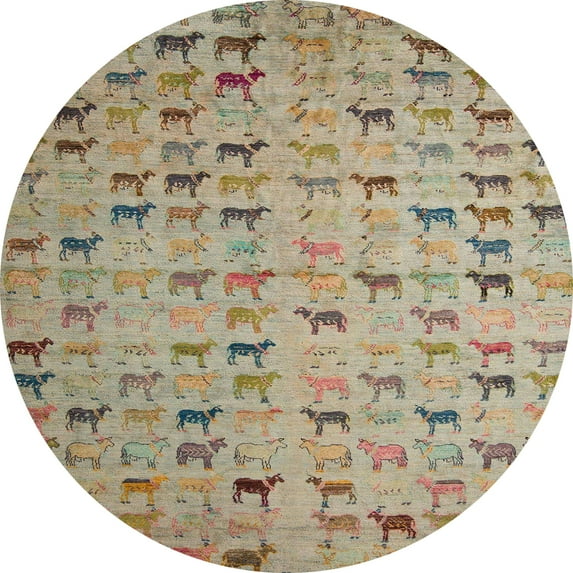 Ahgly Company Machine Washable Indoor Round Abstract Dark Khaki Green Area Rugs, 3' Round