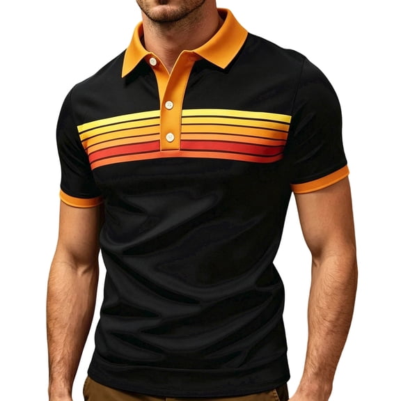 Swanpen Men's Retro Striped Polo Shirt,Breathable Vacation Button Beach Knit Short Sleeve Top, Casual Color Block for Daily Work Golf Black XXL