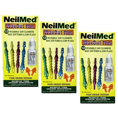 3 Pack - NeilMed WaxOut Plus 12 Reusable Flexible Ear Cleaners, Wax Softener & Ear Plugs