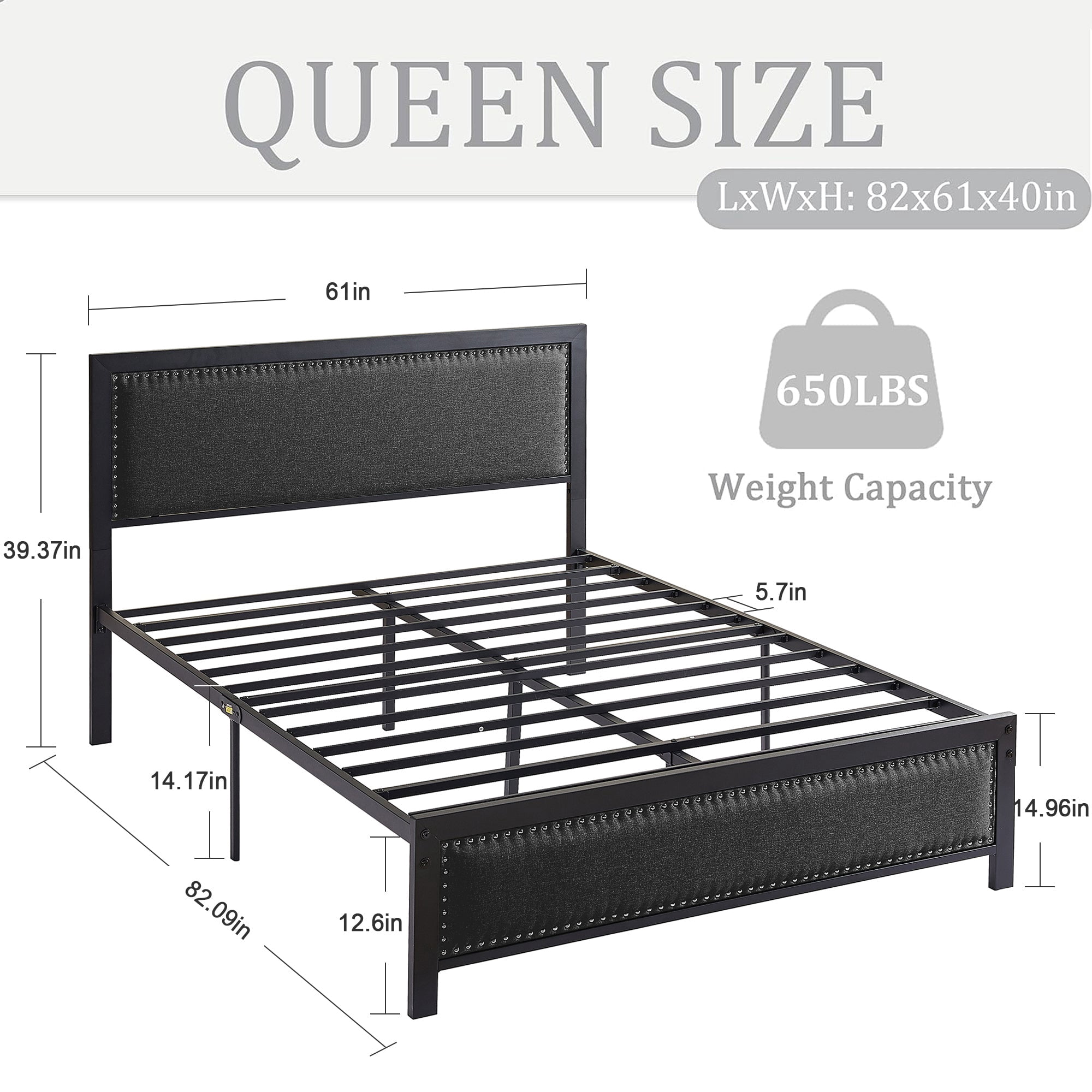 VECELO Queen Size Bed Frame Metal Platform Bed with Upholstered Headboard, No Box Spring Needed, Black