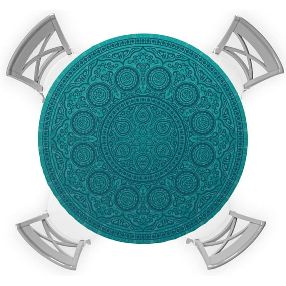 Round Table Cover 36-44 Inch, Waterproof Reusable Table Cloth Round Fitted Vinyl Tablecloth with Elastic Edged for Parties Outdoors, Vintage Blue Mandala Oil Painting