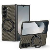 Dteck Magnetic Case for Samsung Galaxy Z Fold 5,Luxury Carbon Fiber Leather Compatible with Mag Safe Case with Ring Holder 360 Degree Adjustable Stand Slim Cover for Galaxy Z Fold 5,Coffee