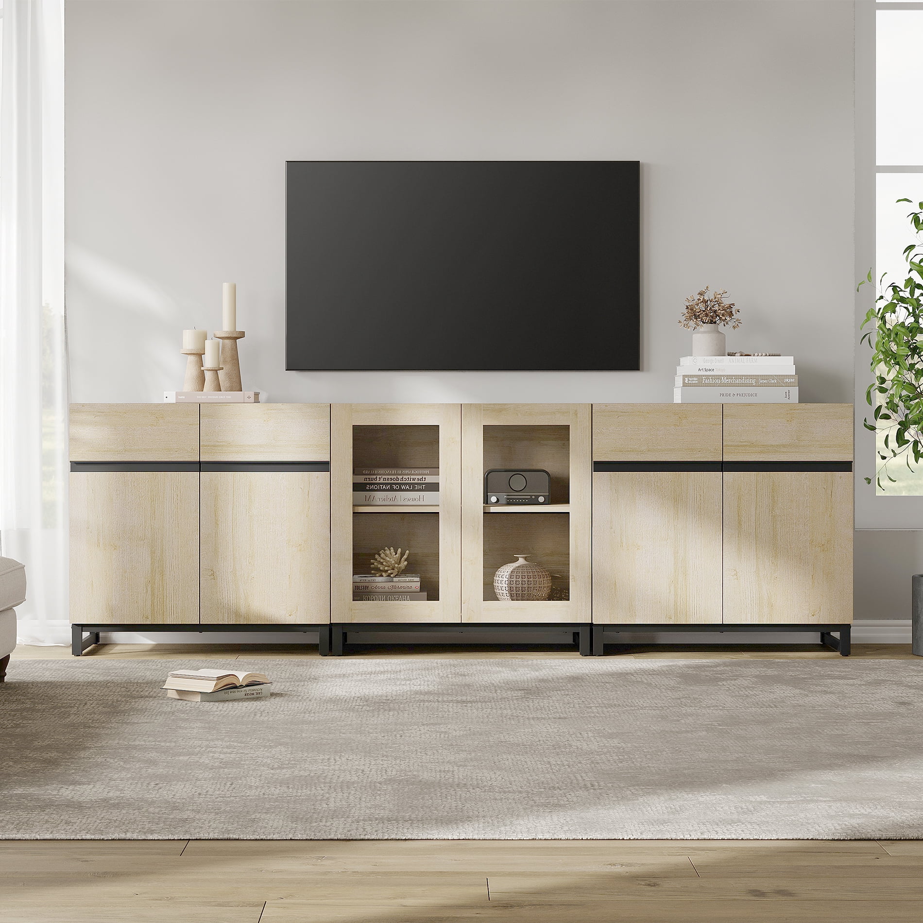 3 In 1 TV Stand For Tvs Up To 100 Inch, Modern Entertainment Center With Glass Doors And Metal Legs, TV Console With Adjustable Shelf For Living Room, Bedroom,Beige