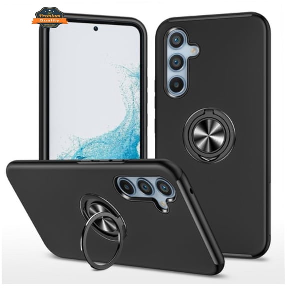 For Samsung Galaxy A36 Military Grade Hybrid Case with Flat Metal Ring 360° Rotation Kickstand, Slim Fit Back Hard PC Phone Case Cover Black