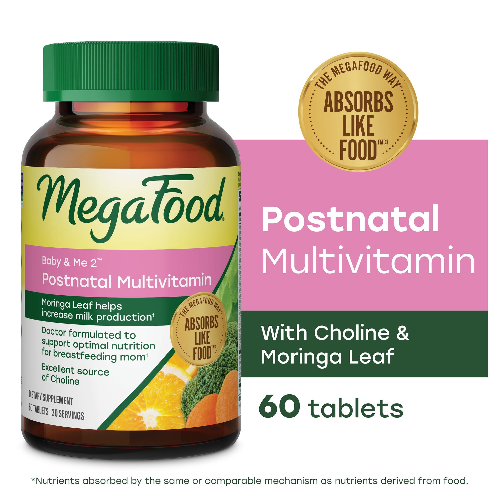 MegaFood Baby & Me 2 Postnatal Multi - Folate, Choline, Iodine, Vitamin D3 - 30 Servings