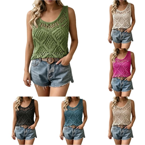 DHFJKG Crochet Tank Tops For Women Sleeveless Casual Knit Hollow Out Solid Color Scoop Neck Shirt Summer Beach Vacation Clothes Comfy Top