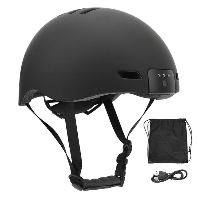 Casco de bicicleta inteligente V6 con cámara HD wifi, luz de advertencia de circunferencia de cabeza ajustable, casco de bicicleta para patinaje sobre ruedas, color negro