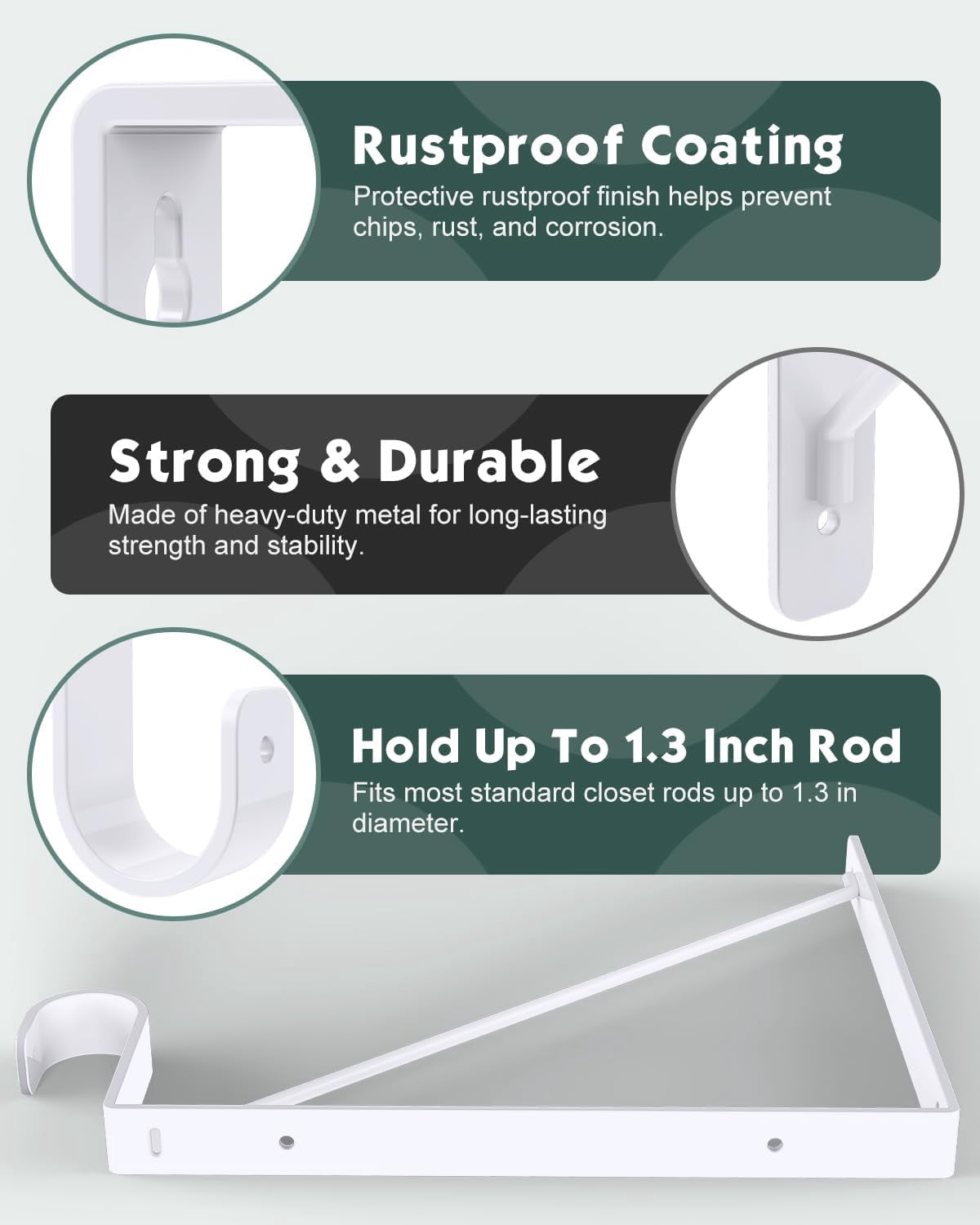 4 Pack Closet Rod Bracket, Heavy Duty Closet Rod Support with Rod Holder, Wall Mounted Closet Shelf Brackets with Triangle Stabilizing Design for Closet, Bathroom and Kitchen, White