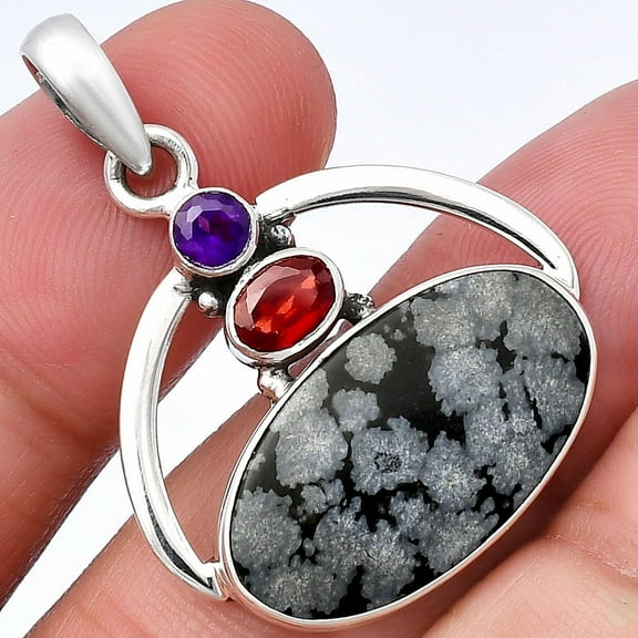 Natural Snow Flake Obsidian, Garnet & Amethyst 925 Silver Pendant Jewelry P-1129 SDP143070