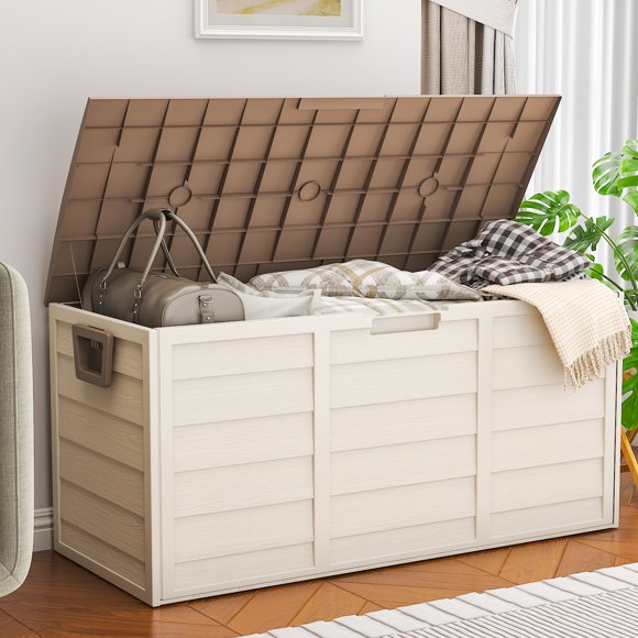 Ktaxon 75gal Outdoor Garden Plastic Storage Deck Box Chest Tools Cushions Toys Brown