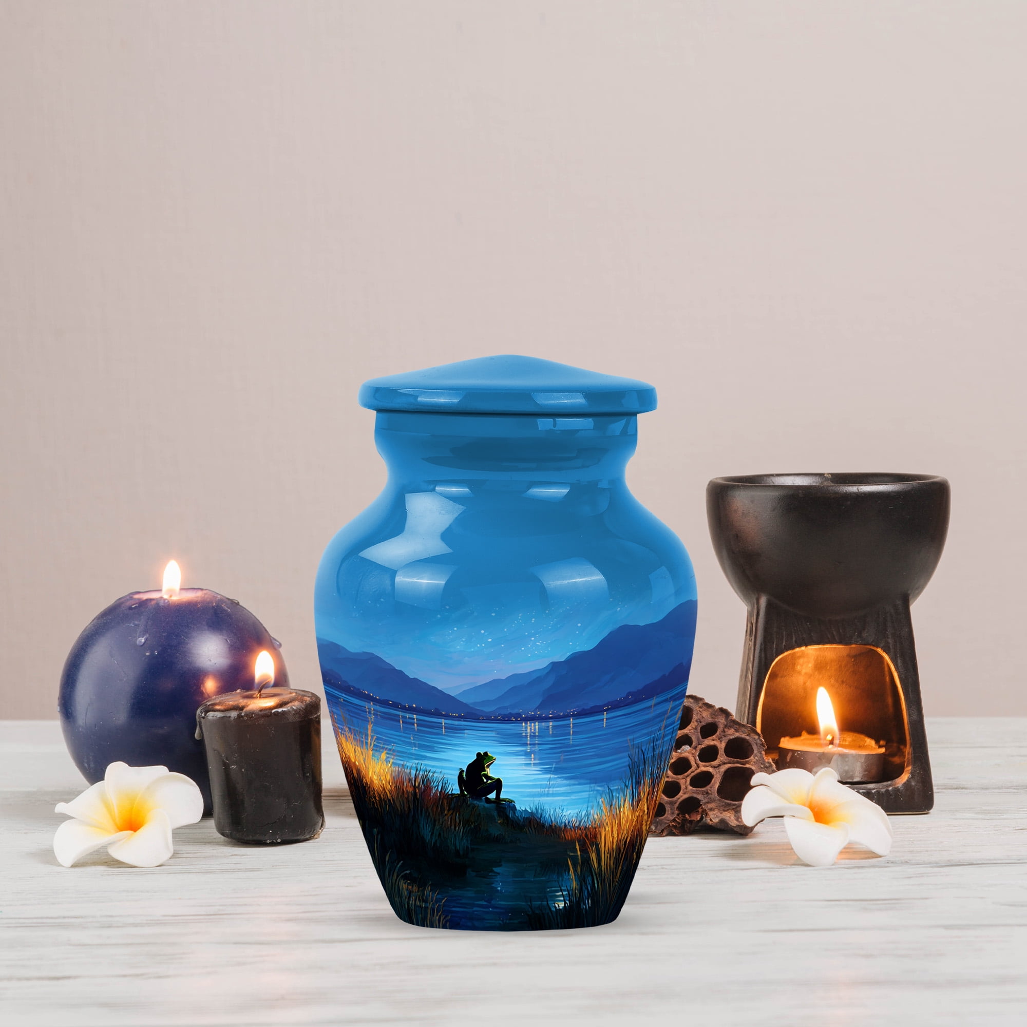 MUKTIVE Frog Tiny Cremation Urn, Mini Blue Urns for Adult Male, Keepsake Starry Night Memorial Urns for Human Ashes Adult Man, Mountain Funeral Urn for Human Ashes, 3 Inch