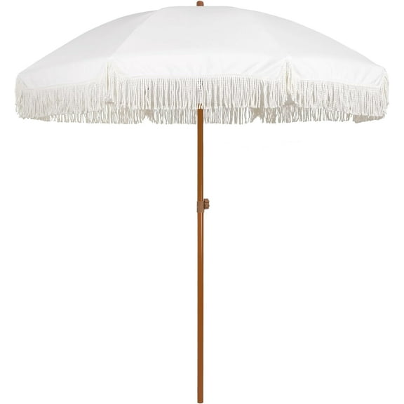 AMMSUN 7ft Fringe Patio Umbrella, Outdoor Table Tassels Umbrella with Push Button Tilt UPF50 Shade Shelter,Cream White Camping Sun