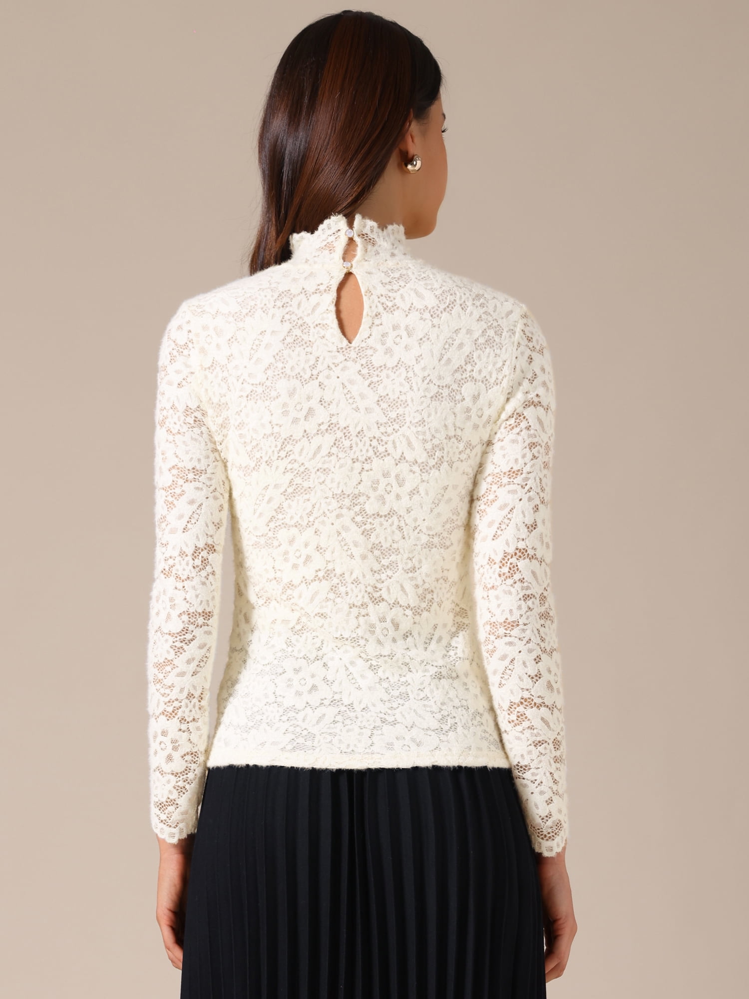 DARING DIVA Women's Basic Lace Long Sleeve Ruffle Neck Floral Blouse S Beige