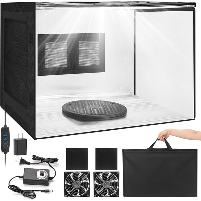 Portable Airbrush Spray Booth with Dual-Fan Ventilation & 3-Color Shadowless LED Light, Large Foldable Hobby Paint Booth Kit with Turntable & Exhaust Hose for Miniature Painting and Models, Crafts