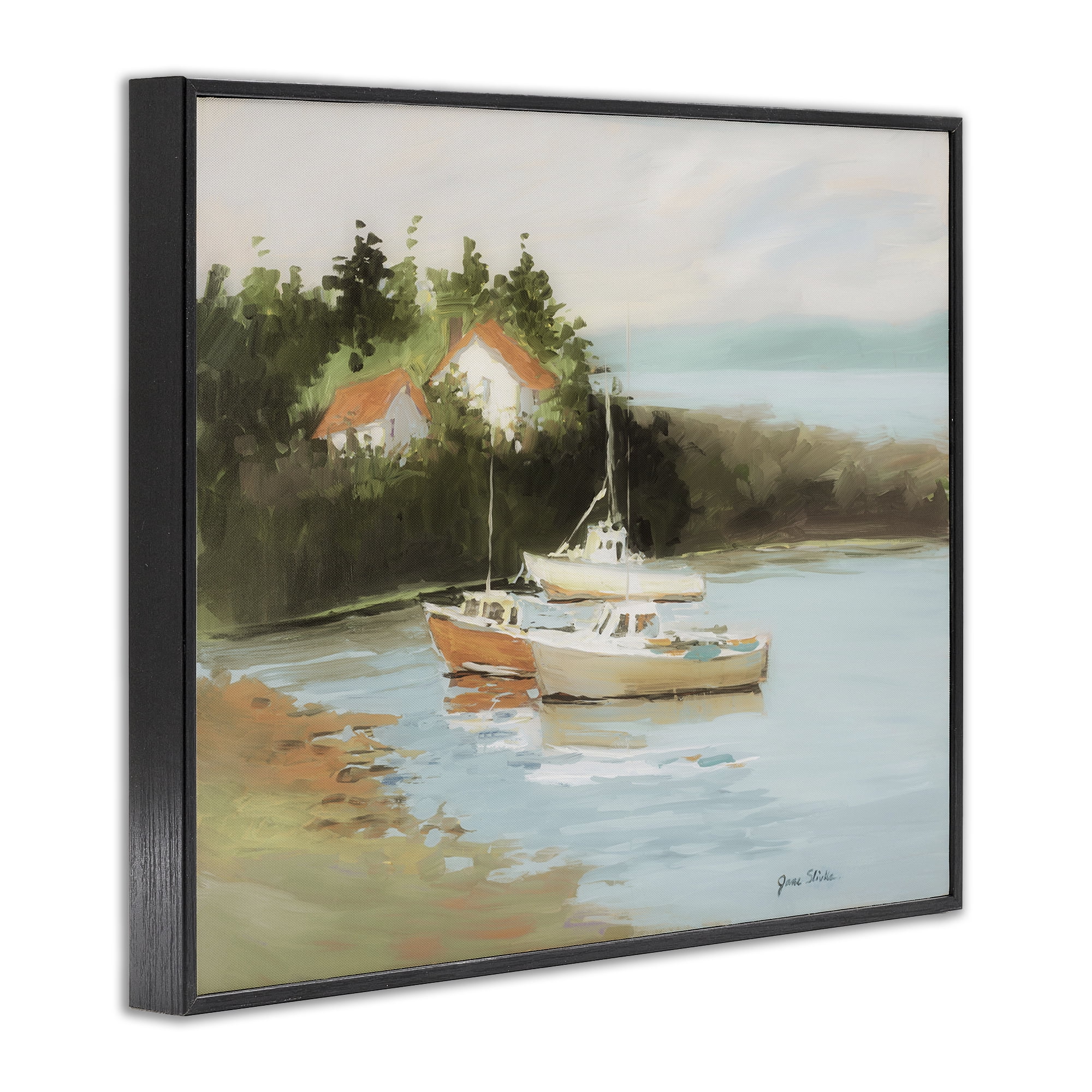 Stupell Industries Calm Boat Harbor Coastal Painting Black Framed Art Print Wall Art, 20 x 16